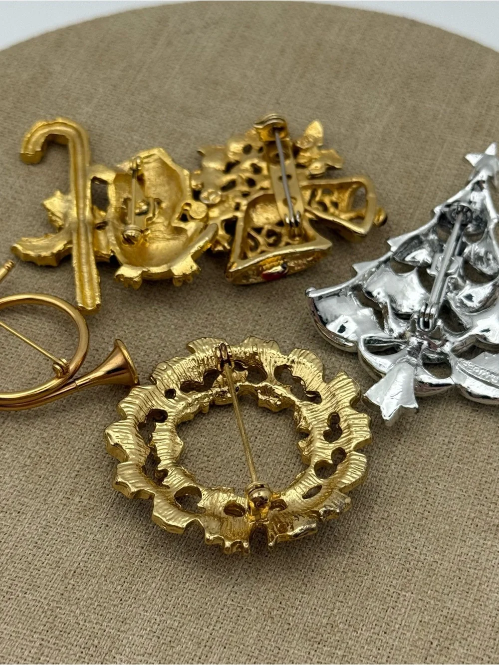 Vintage Christmas Brooch Lot - Gold, Silver, Green, Red Accents
